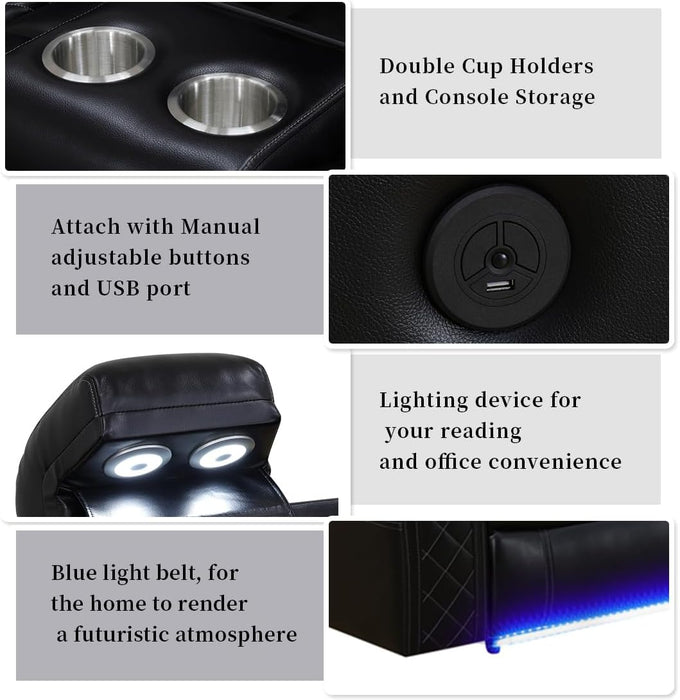 Living Room Furniture Set Black Leather Sofa Living Room Set Power Recliner Adjustable Sofa,Loveseat and Chair with Cup Holders/Storage Console/Led Light/Ups Port for Living Room, Office