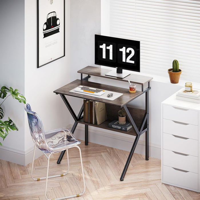 Small Desk, 27.5 Inch Small Computer Desk for Small Spaces, Compact Desk with Storage, Tiny Desk Study Desk with Monitor Stand for Home Office, Grey