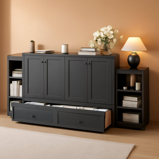 Queen Size Murphy Bed, Cabinet Bed with 2 Shelves and Storage Drawers, Farmhouse Murphy Cabinet, Noisy Free, for Guest Bedroom, Living Room, Office, Vintage Dark Gray