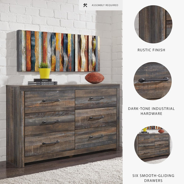 Drystan Weathered Brown Rusticated Six Drawer Dresser