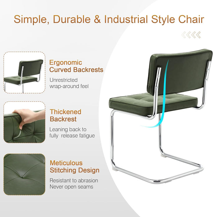 Faux Leather Dining Chairs Set of 6, Industrial Metal Chairs with Stainless Chrome Legs, Mid Century Modern Cesca Chair for Kitchen & Dining Living Room, Upholstered Armless Chair, Green