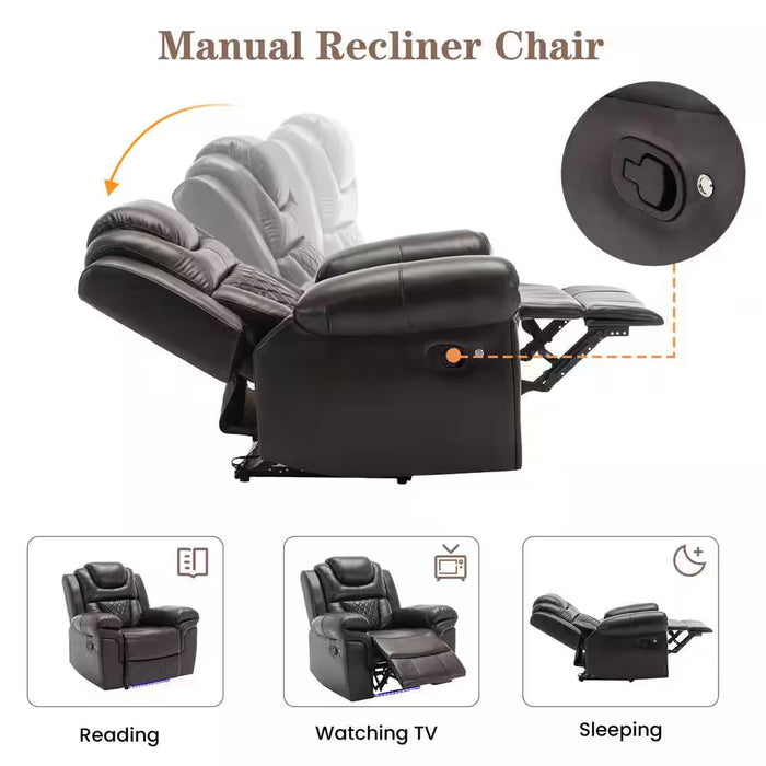 83.1 in Flared Arm Faux Leather Rectangle Manual Recliner 3-Seat Sofa In. Brown with Center Console and LED Light Strip