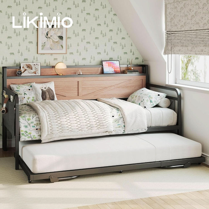 Twin Daybed with Trundle Bed, Storage Headboard with Charging Station, Sofa Day Bed with Strong Supports for Living Room, Bedroom, and Guest Room, Wood Color