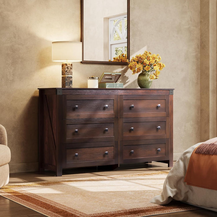 Brown Farmhouse 53InchWide 6Drawer Dresser With RusticHandles