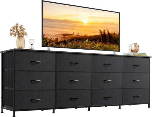 75.5'' Black Dresser for Bedroom, TV Stand for 85, 80, 75, 65 Inch TV, 12 Drawer Long Fabric Dresser with Wood Top, Wide Entertainment Center Storage Chest for Living Room, Closet