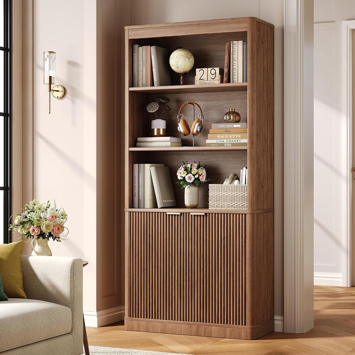 72'' Tall Bookshelf with Doors, 5-Tier Wooden Storage Bookcase with Fluted Doors & Side Panels, Adjustable Shelf, Gold Handles for Living Room, Bedroom, Home Office, Dark Walnut