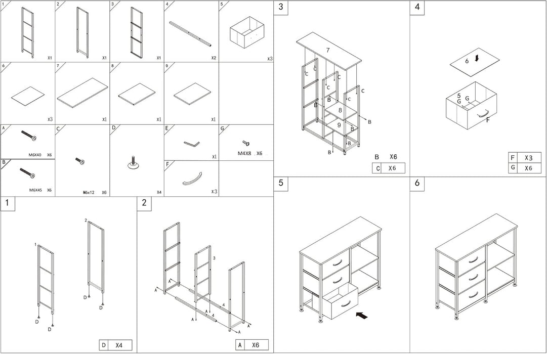 Rustic Brown Fabric Dresser, 4 Drawer Organizer Unit with 2 Shelves, Storage Chest for Bedroom, Entryway, Hallway, Living Room, Office, Grey with Black