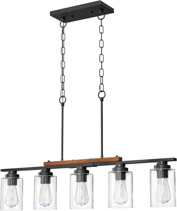 Dining Room Light Fixture over Table, 5-Light Kitchen Island Lighting with Glass Shade and Adjustable Rods, Farmhouse Linear Chandelier Pendant Light for Kitchen Living Room, Matte Black