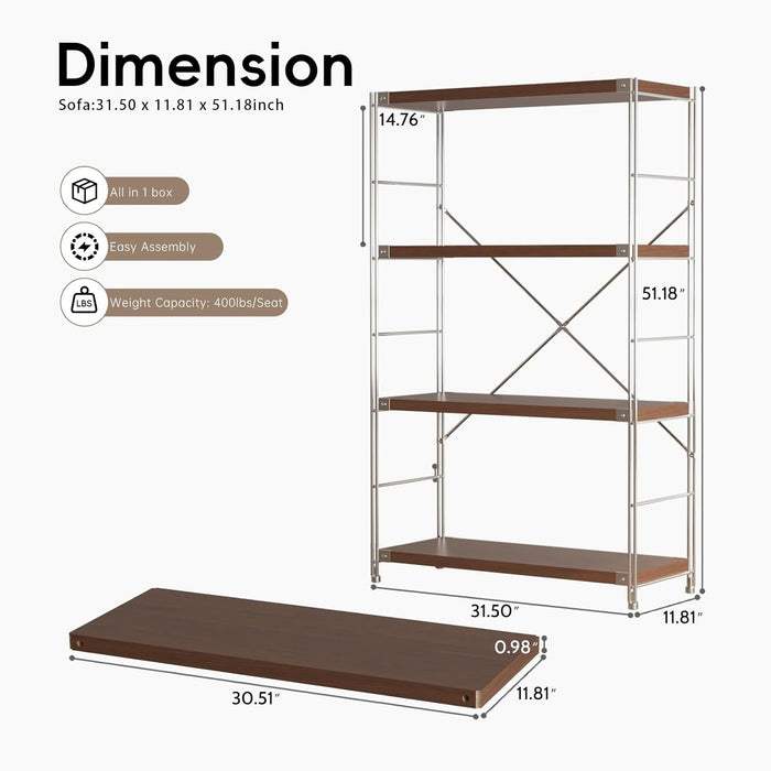 4-Tier Industrial Bookshelf, Storage Bookcase for Living Room, Bedroom, Home Office, and Kitchen, 11.81"X31.5"X51.18" Inches (Walnut, 4T32IN)