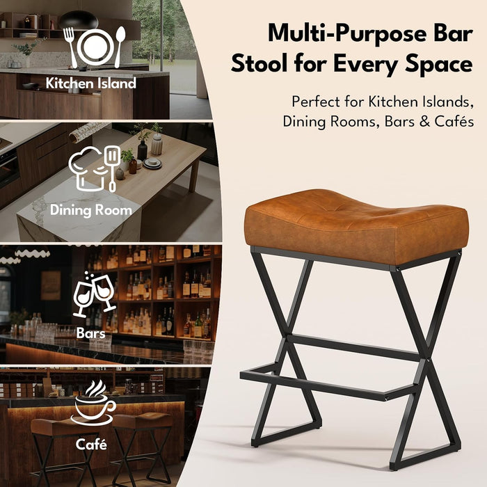 Counter Height Bar Stools Set of 2, Backless 26" Saddle Barstools, Brown