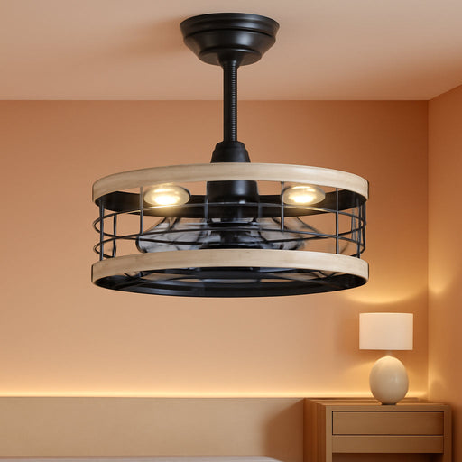 16.5In Caged Ceiling Fan with Light, Fandelier Industrial Ceiling Fan with Remote, Rustic Metal Fan Lights Ceiling Fixtures for Kitchen, Farmhouse, Bedroom（6 Speed,1/2/4/8H Timing）-Brown