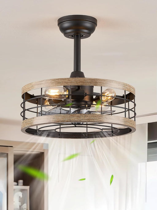 16.5In Caged Ceiling Fan with Light, Fandelier Industrial Ceiling Fan with Remote, Rustic Metal Fan Lights Ceiling Fixtures for Kitchen, Farmhouse, Bedroom（6 Speed,1/2/4/8H Timing）-Brown