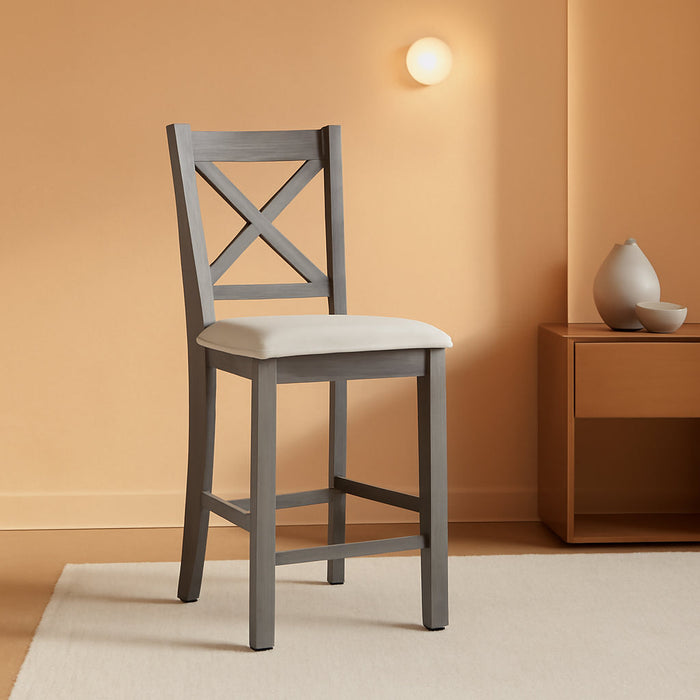 Upholstered Counter Height Bar Stools Set of 4, Modern Kitchen Island Barstools Chairs with Cross Back and Wood Legs for Dining Room Bar, Light Brown Wash