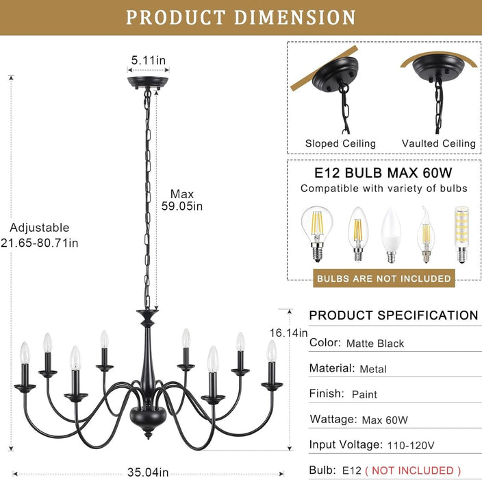 Black Chandelier for Dining Room Light Fixture Hanging 8 Light Modern Farmhouse Chandelier Rustic Vintage Candle Pendant Lighting Fixtures Ceiling for Kitchen Island Foyer Entryway Living Room Bedroom