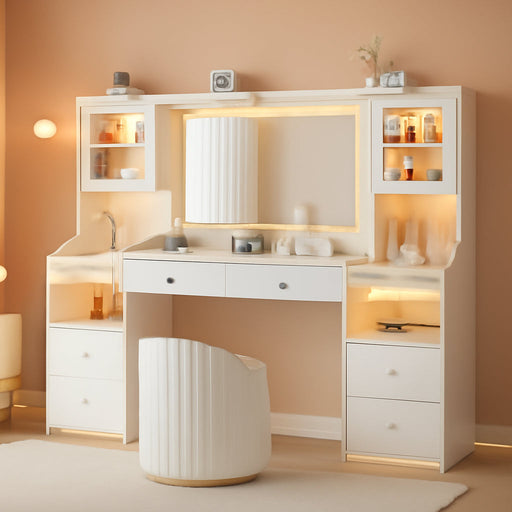 62" Large White Vanity Desk with Glass Top, Makeup Vanity with Mirror and LED Lights, One Piece Controls 3 Lighting Modes, 4 Drawers Vanity with 2 Cabinets and Power Outlet for Women, Girls