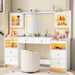 62" Large White Vanity Desk with Glass Top, Makeup Vanity with Mirror and LED Lights, One Piece Controls 3 Lighting Modes, 4 Drawers Vanity with 2 Cabinets and Power Outlet for Women, Girls