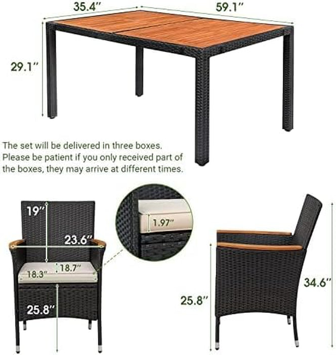 Dining 7 PCS Furniture, Patio Conversation Set with Acacia Wood Table Top, Rattan Outdoor, Black