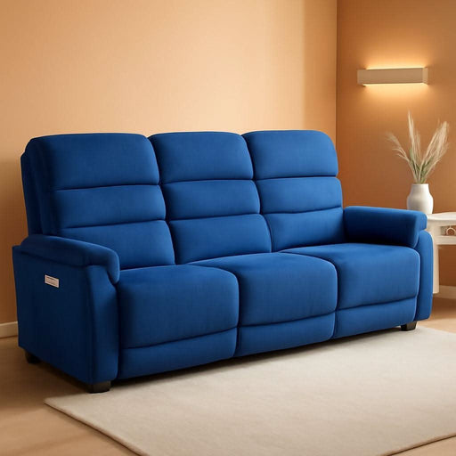 87.2'' Wall Hugger Power Recliner Sofa with Drop down Table, Reclining Sofa with Adjustable Headrest, USB Charge Ports, Reading Lamp, for Living Room, Rvs, Fabric, ST258M3 (3-Seater, Navy Blue) | Zero Wall Hugger