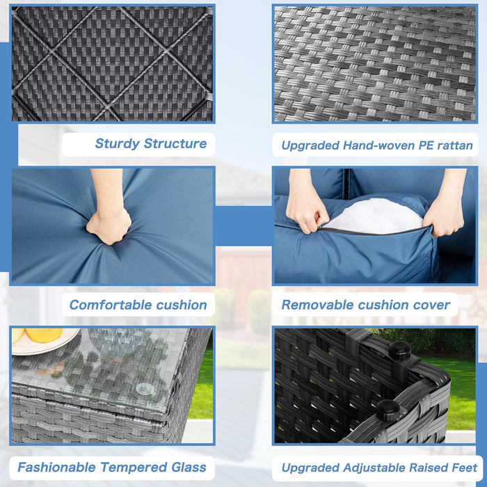 5 Pieces Outdoor Patio Sectional Sofa Couch, Silver Gray PE Wicker Furniture Conversation Sets with Washable Cushions & Glass Coffee Table for Garden, Poolside, Backyard (Aegean Blue)