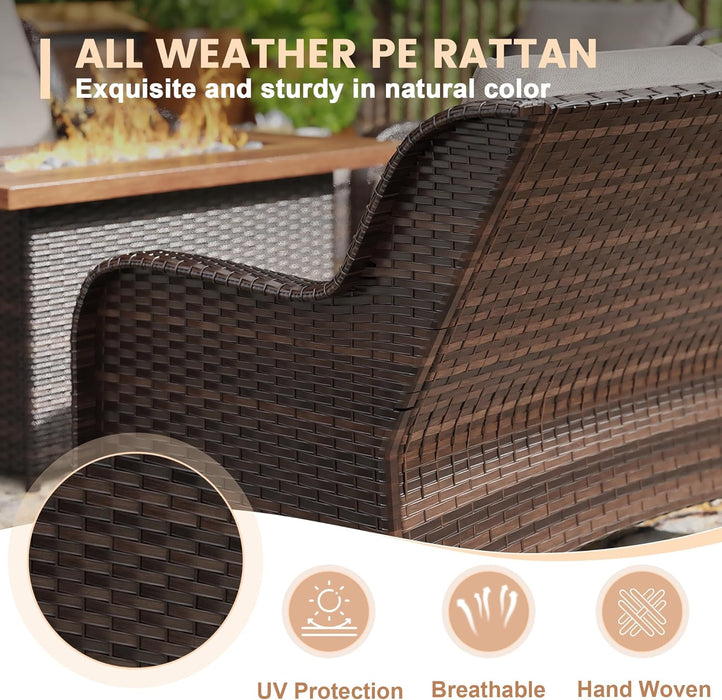 9 Piece Outdoor Patio Furniture Sets,Wicker Conversation Set with 3-Seat Sofa,2 Swivel Chair,2 Side Tables,2 Ottomans,1 Fire Table and 1 Lover Sofa for Garden,Brown Rattan Beige Cushion