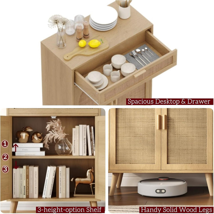 Rattan Storage Cabinet Set of 2, Buffet Sideboard with Storage, Coffee Bar with Drawer & Doors, Accent Floor Cabinet for Living Room, Dinning Room, Entryway, Natural
