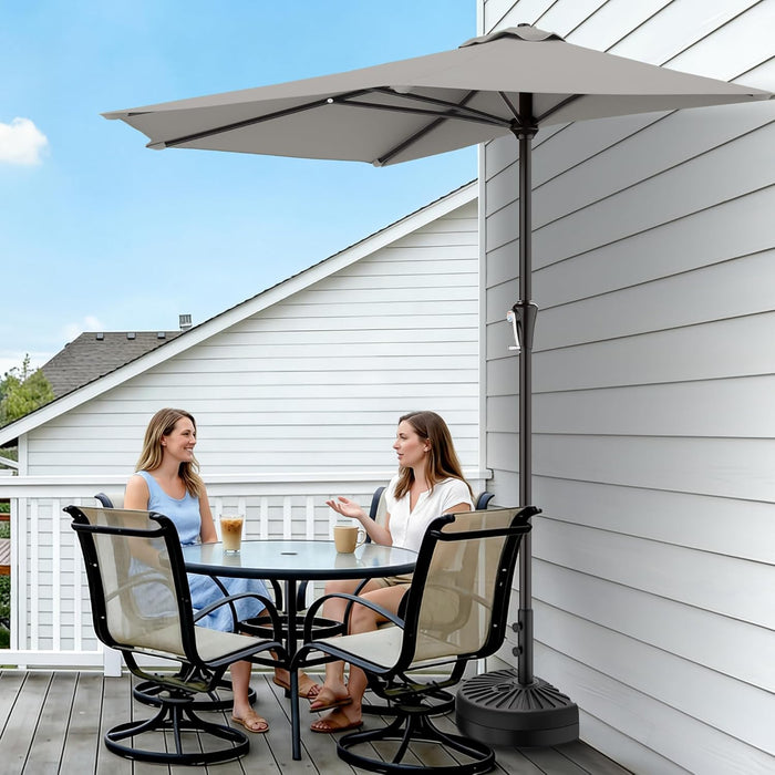 9FT Half Patio Umbrella, Outdoor Wall Umbrella with Crank & 5 Sturdy Ribs, Table 1/2 Umbrella Patio for Garden, Deck, Balcony and Pool, Foggy Gray