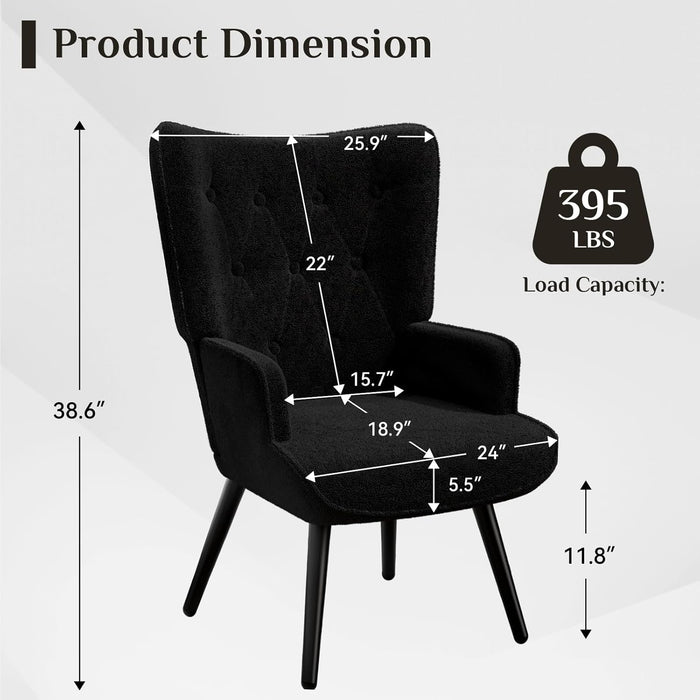 Black Plush Upholstered Wingback Armchair Mid Century