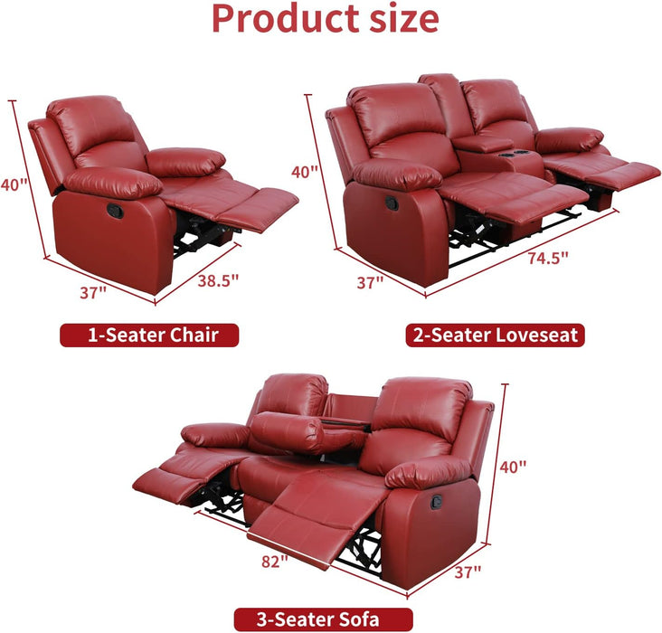 Manual Leather Recliner Sofa Set for Living Room Furniture Set,Leather Recliner Couch Set for Home/Office,Leather Reclining Sofa Set for 3-Pieces(Sofa+Loveseat+Chair) Red