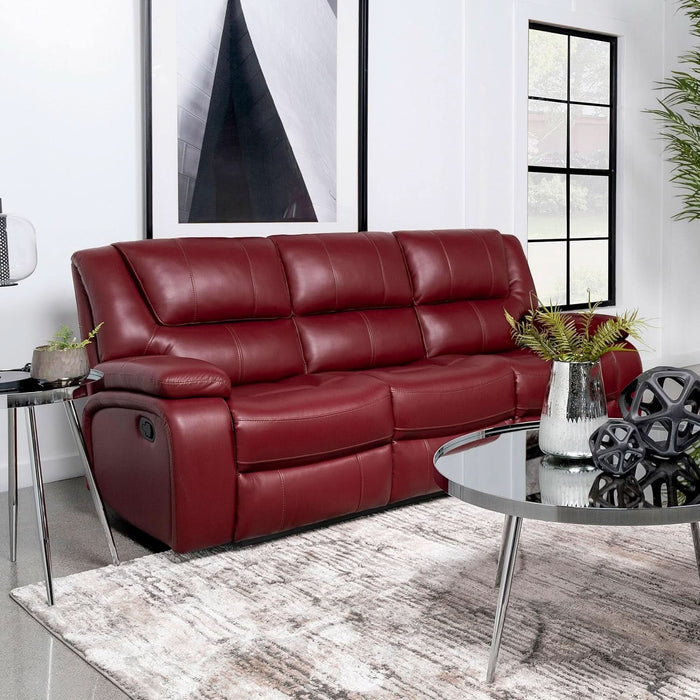 Coaster Home Furnishings - Camila - Fabric - Upholstered Motion Reclining Sofa with Wall-Hugger Design, Padded Armrests and Plump Cushions - Living Room - 30-Inch - Red - 610241