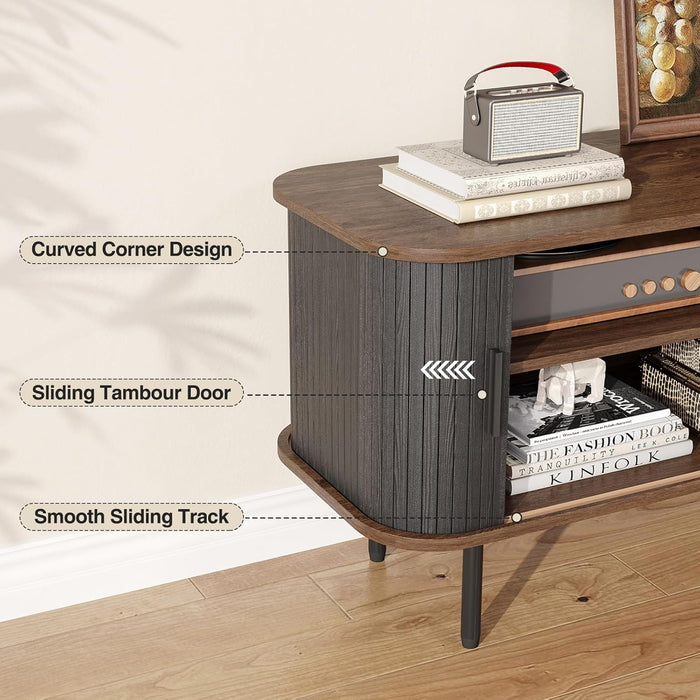 63" Modern Fluted TV Stand for Tvs up to 75 Inch , Gaming Entertainment Center with Tambour Slatted Sliding Doors and Storage Cabinet, Media TV Consoles Table for Living Room, Office, Black