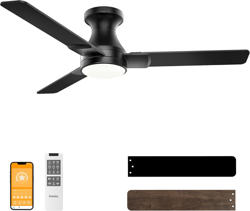 42 Inch Ceiling Fans with Lights,3 Blades,6Cct, Low Profile Ceiling Fan with Light and Remote Control,Ceiling Fan for Bedroom, Kitchen,Indoor/Outdoor Use,Flush Mount-Black