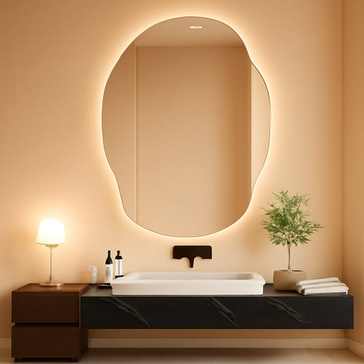 Asymmetrical Bathroom Mirror with Lights,Irregular LED Bathroom Vanity Mirror with Backlit,Anti-Fog,3 Colors and Dimmable Light with Memory,Hardwired Supported[Horizontal/Vertical] 40" H X 30" W