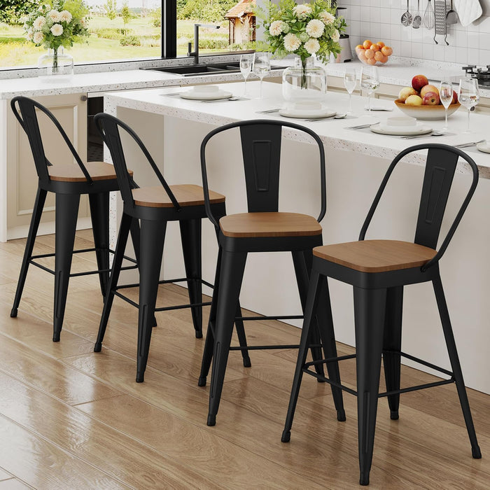 Metal Bar Stools Set of 4, 30" Bar Height with High Backs, Black | Matte Black Metal Frame Barstools, Modern Farmhouse High-Back Bar Chairs, Larger Seat for Kitchen and Dining Islands