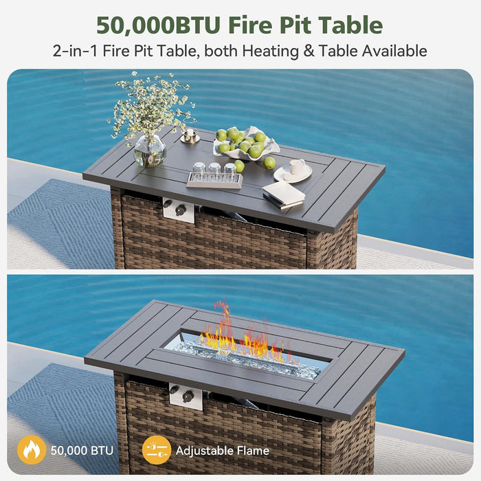 11 Piece Outdoor Patio Furniture Set with 44'' Fire Pit Table, Wicker Rattan Outdoor Furniture with High Back Swivel Rocker Chairs, Outdoor Sofa Set with Thick Cushion & Side Table, Black