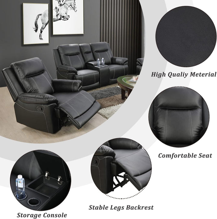 Manual Recliner Sofa Set, Bonded Leather Sofa with Recliners, Reclining Couch Set with Storage Console and Cup-Holders for Living Room/House/Bedroom/Office/Apartment (Black / 3 Pieces Set)