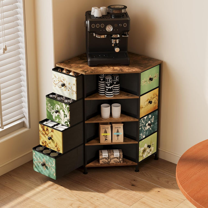 8 Drawers Corner Dresser with Storage Fabric Drawers and Open Shelves for Small Space，Bedroom，Entryway，Living Room (Retro Pattern)