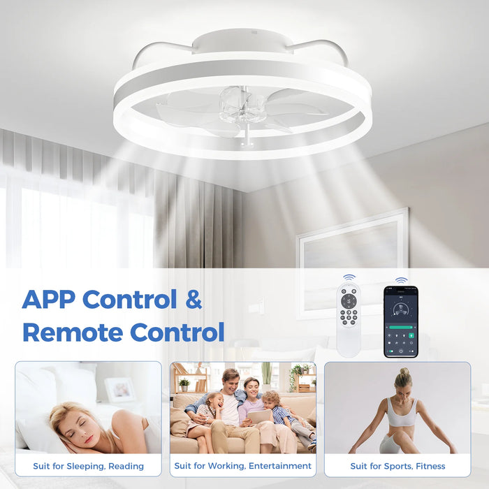 Ceiling Fan with Light, Remote & APP Control, 20" Low Profile Ceiling Fan with Quiet DC Motor-Flush Mount Fan Light, Dimmable LED Bladeless Ceiling Fans for Indoor/Living Room