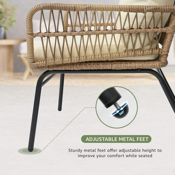 Set of 3 Boho Outdoor Patio Furniture Sets with round Tempered Glass Table, Small Size Wicker Conversation Sectional Chair Sets for Backyard, Porch, Deck, Garden, Balcony