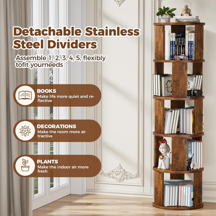 5 Tier Rotating Bookshelf Tower, 360° Display round Bookcase, Floor Standing Corner Revolving Bookshelf Organizer Storage Rack for Home Study Office, Walnut