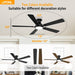 52 Inch Ceiling Fans with Light, Black Ceiling Fan with Light and Remote Control, Dimmable LED, Noiseless DC Reversible Motor, Flush Mount, Low Profile Ceiling Fans for Indoor/Outdoor Use
