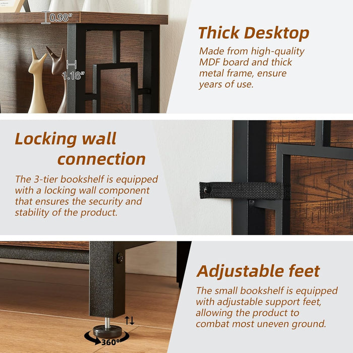 Book Shelf, 3 Tier Long Bookshelf with Storage, Engineered Wood and Metal Shelf Bookcase, Low Short Bookcases for Small Space, Living Room, Bedroom, Office, Rustic Brown
