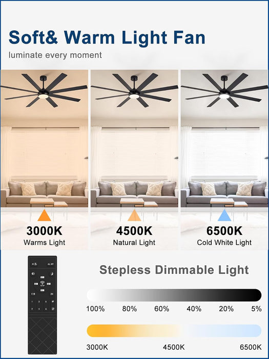 66" Ceiling Fans with Lights: Black Indoor/Outdoor Ceiling Fan for Patios Living Room - 8 Blades Dimmable Large Ceiling Fans with Remote APP Control Timer Reversible Quiet DC Motor 6 Speeds