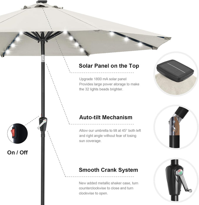 Durable Solar Led Patio Umbrellas with 32LED Lights 9FT (Light Beige)