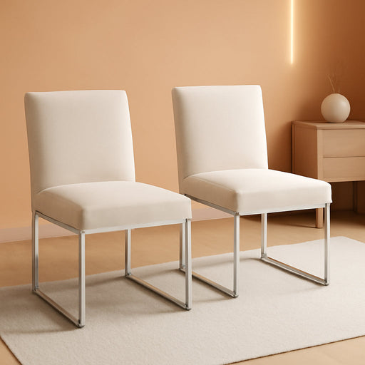 Upholstered Modern Dining Chairs Set of 2 Linen Mid Century Dining Room Chairs Armless Side Chair Comfy Kitchen Chairs with Chrome Metal Base for Living Room/Kitchen,Cream,2Pcs
