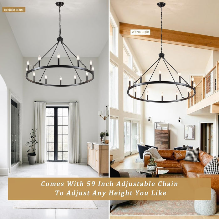 Wagon Wheel Chandelier 12 Light 38" Large Black Farmhouse Chandelier for Dining Room Rustic Country Pendant Light Fixtures Hanging Modern round Chandeliers for Living Room High Ceilings Foyer Entryway