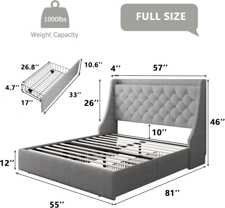 Upholstered Full Size Bed Frame with 4 Storage Drawers, Charging Station and Tufted Wingback Storage Headboard, No Box Spring Needed, Easy Assembly, Light Grey