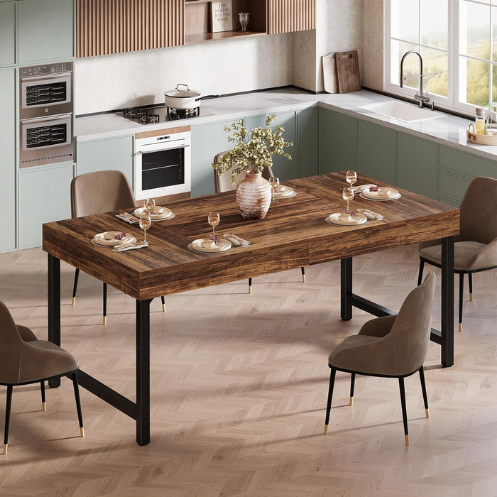 Farmhouse Dining Table for 4-6 People, 55 Inches Industrial Rectangular Kitchen Dinner Table with Heavy-Duty Metal Legs for Home, Dining Room, Small Space, Walnut
