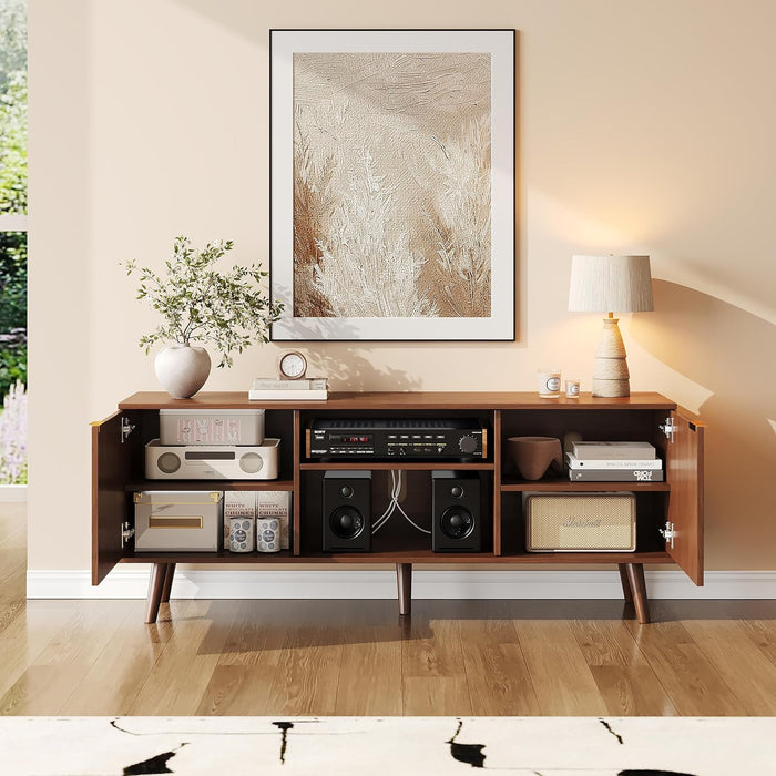 55 Inch Fluted TV Stand with Storage, Mid Century Modern Entertainment Center with Adjustable Shelf, TV Table Stand up to 65 Inches Tvs for Living Room, Bedroom, Walnut