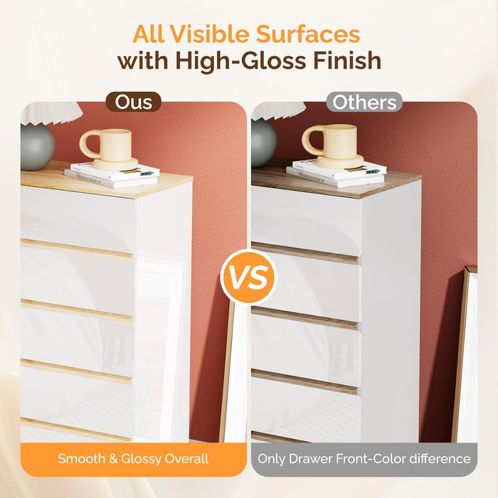 5 Drawer Dresser for Bedroom, 45" H Tall Dresser Chest of Drawers, High Gloss Wood Modern Storage Cabinet with Brown Top