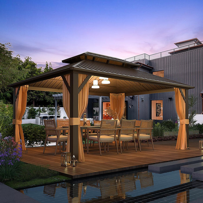 12' X 16' Hardtop Gazebo with Galvanized Steel Double Roof, Aluminum Pergolas Frame, Curtains and Netting Included, Metal Outdoor Gazebos for Garden, Patios, Lawns, Parties